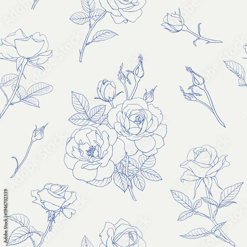 Roses flowers and buds Vintage Floral vector seamless pattern, blue beige. Line art Hand drawn elements. Background for design wedding, packaging, textile, wrapping paper, wallpaper, Fashion apparel