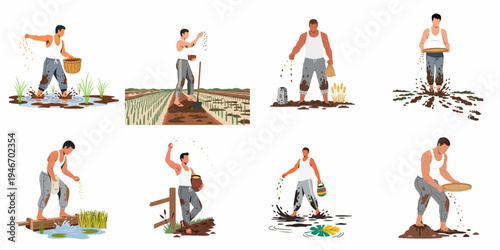 Set of illustrations depicting farmers sowing seeds and planting crops in muddy rural agricultural fields for various farming stages.