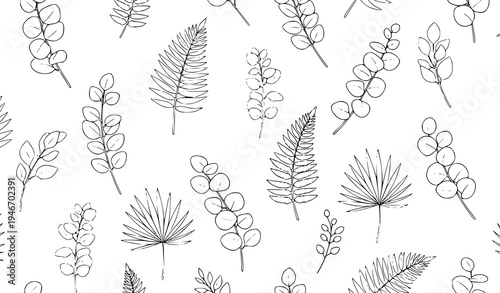 A minimalist vector illustration of various leaves and branches on a white background