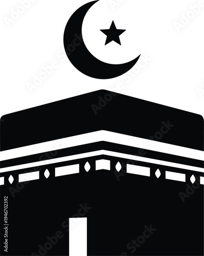 Kaaba silhouette with crescent moon and star, Islamic holy site in Mecca, Muslim pilgrimage symbol, black 