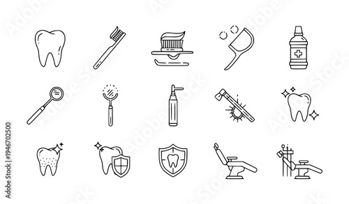 A set of dental care icons including teeth, toothbrushes, and tools