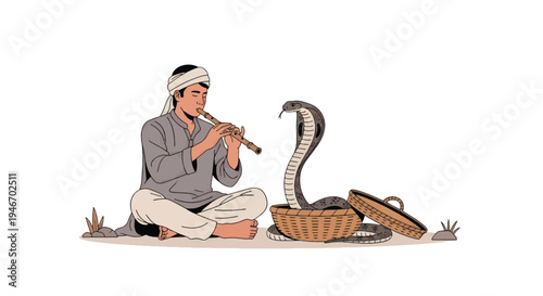 Indian Snake Charmer Playing Flute with Cobra Traditional Street Performance Flat Vector Illustration