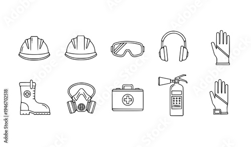 A set of safety icons including helmets, goggles, and protective gear