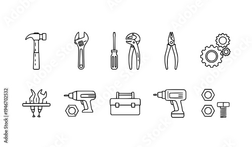 A set of black and white line art icons depicting various tools and hardware