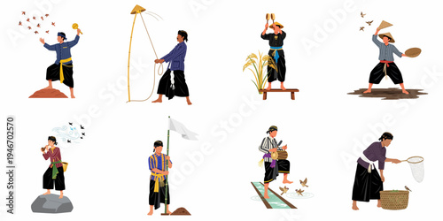 Collection of illustrations depicting Indonesian men in traditional Javanese attire engaged in various agricultural, musical, and cultural activities on a white background.