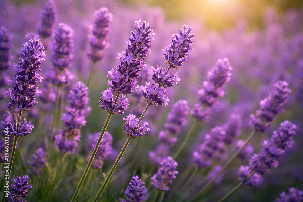 Obraz premium Close-up of vibrant purple lavender flowers in a field, soft golden sunlight, romantic and serene natural beauty, shallow depth of field, summer bloom