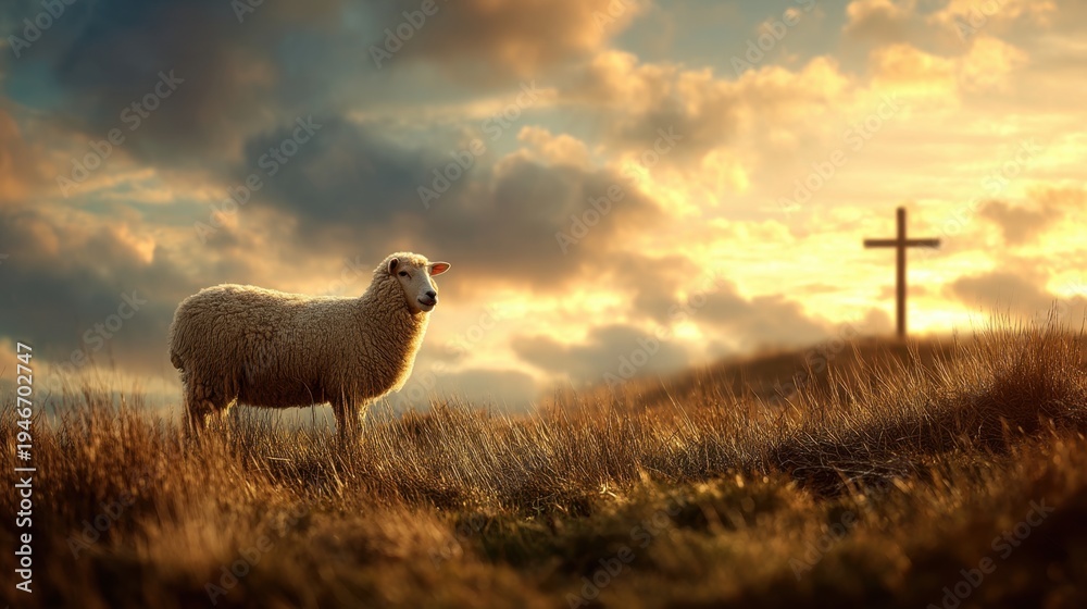 Fototapeta premium Sheep standing on grassy hill with wooden cross against sunset sky. Christian religious concept of faith and guidance. Peaceful landscape scenery depicting grace and spiritual serenity.