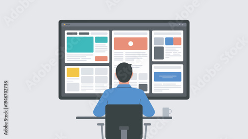 A man sitting at a desk in front of a large computer monitor with multiple screens and windows open.