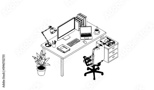 A minimalist vector illustration of a modern home office workspace with desk and chair