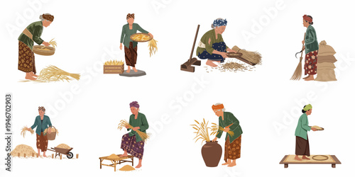 Collection of illustrations depicting traditional Indonesian elderly women performing various stages of rice harvesting and processing in rural village settings.