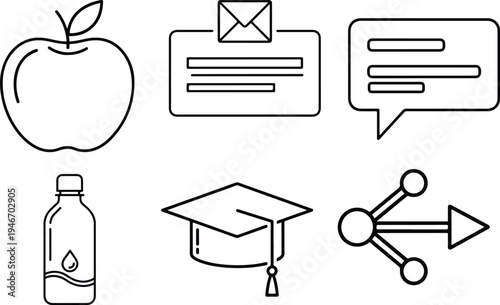 Set of six black and white including apple, water bottle, email, speech bubble, graduation cap