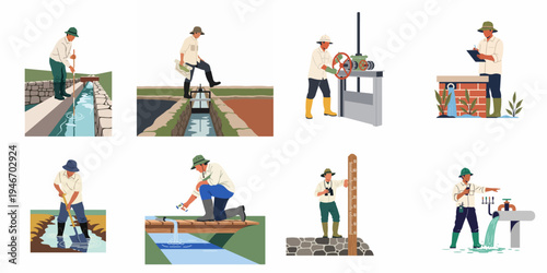 Set of illustrations showing irrigation workers managing water systems, measuring levels, operating valves, and checking infrastructure in agricultural settings.