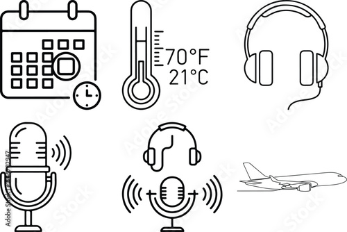 Set of six black and white including calendar thermometer headphones microphone and airplane