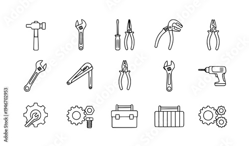 A set of black and white line art tools and equipment for repair and construction work