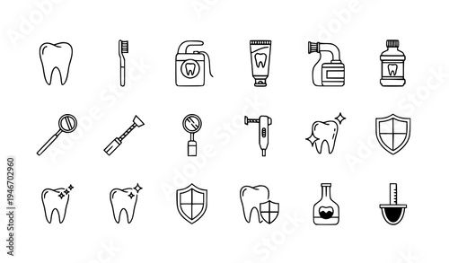 A set of dental care icons including teeth, toothbrushes, and oral hygiene tools