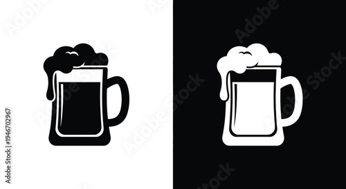 Black and white beer mug icons, symbols for bars, pubs, or breweries. 