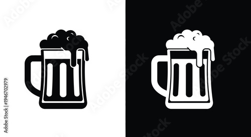 Black and white beer mug icons, symbols for bars, pubs, or breweries. 