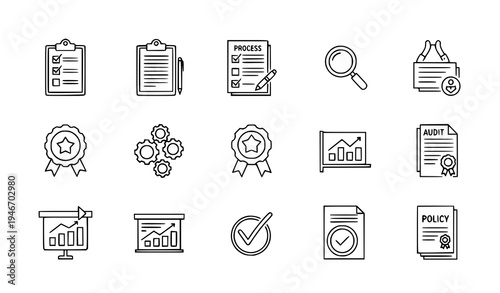 A set of business icons representing workflow and management processes