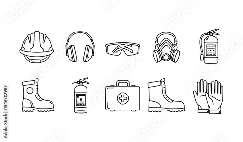 A set of safety icons including helmets, headphones, and first aid kits