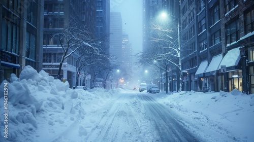 Snow covered city street during heavy winter snowfall between tall buildings