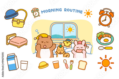 動物キャラクターの朝の支度イラストセット｜生活習慣・幼児向け