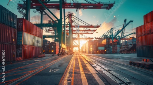 modern maritime cargo terminal with cranes and stacked 