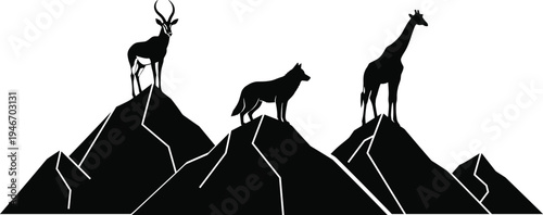 Minimalist wildlife silhouettes of antelope, wolf and giraffe standing on mountain peaks, black vector illustration, nature landscape concept, adventure wilderness design poster