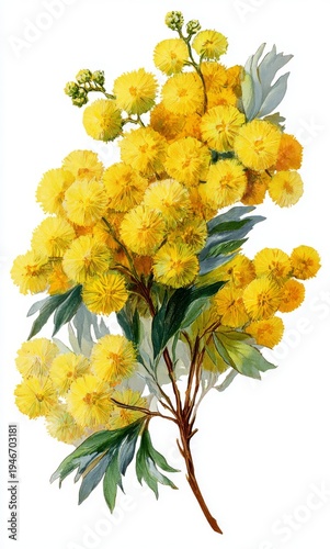 Hand painted mimosa flowers botanical illustration isolated on white background