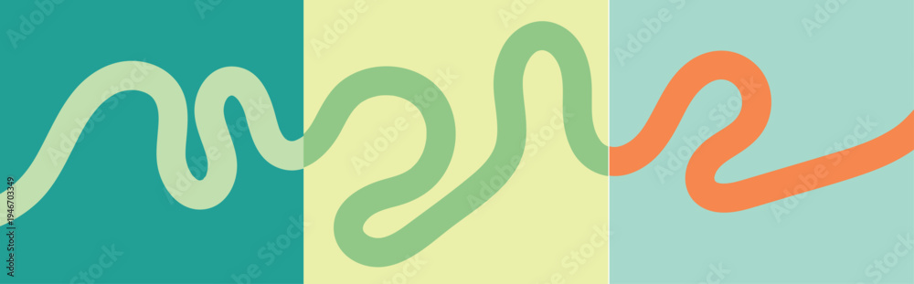 Obraz premium Abstract Wavy Line Banner Set, Retro Organic Squiggles in Teal, Sage Green, and Terracotta, Minimalist Fluid Ribbon Backgrounds for Web Header, Social Media, and Eco-Friendly Brand Design 