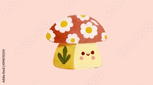 Cute smiling mushroom character with floral cap in pastel kawaii style