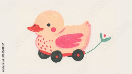 Cute duck toy on wheels colorful children illustration playful nursery style