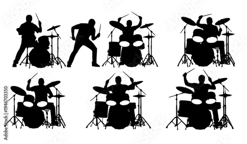 Drummer silhouette collection with drum kit musicians performing rhythmic live music poses