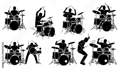 Dynamic drummer silhouettes vector set with musicians playing drum kits in energetic performance poses
