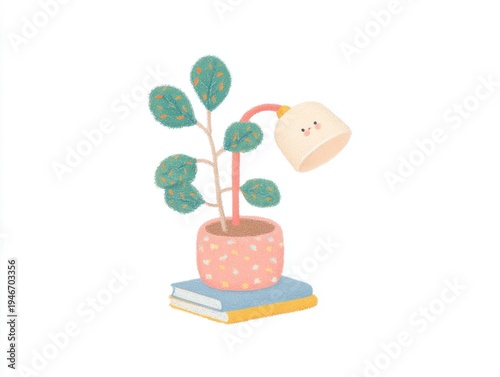 Cute desk lamp with books and tiny plant cozy pastel illustration