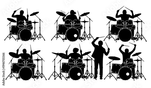 Energetic drummer silhouette vector set with drum kit musicians performing live music
