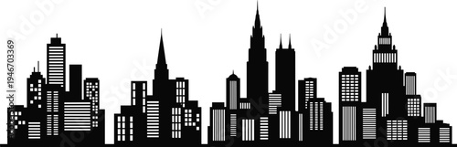 Modern city skyline silhouette with skyscrapers and urban buildings, downtown architecture landscape, black vector illustration of metropolitan business district