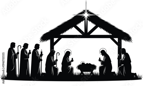Nativity scene silhouette with baby Jesus in manger, Mary Joseph and three wise men under Bethlehem star, Christian Christmas vector illustrationNativity 