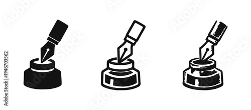 Fountain pen dipping into inkwell icon set in solid, outline, and sketchy styles. Traditional writing and literature concept.