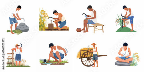 Vector illustrations of an Asian farmer engaged in traditional rice harvesting activities, tool sharpening, and manual labor in a rural countryside setting.