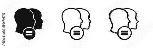 Human head profiles with an equal sign icon set in solid, outline, and sketchy styles. Concept of equality and human rights.