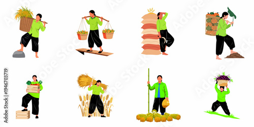 Flat vector illustrations of a female farmer engaged in various traditional agricultural activities like harvesting, carrying produce, and resting after work.