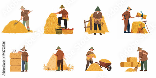 Collection of flat vector illustrations depicting an elderly male farmer performing various agricultural tasks with hay stacks, bales, and bundles.