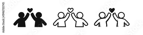 Two people holding a heart icon set in solid, outline, and sketchy styles. Concept of love, friendship, and community.