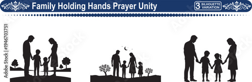 Family Holding Hands in Prayer, Concept of Unity, Spiritual Belief and Religious Bond Set
