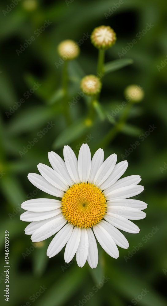 Fototapeta premium Close-up of white daisy with yellow center, presented against green blur background, representing freshness, purity and natural simplicity