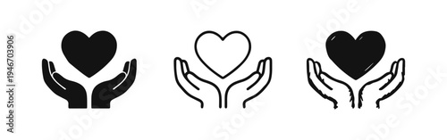 Cupped hands holding a heart icon set in solid, outline, and sketchy styles. Concept of love, care, and charity.