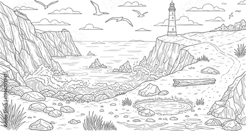 Coastal lighthouse landscape line art illustration with rocky cliffs, ocean waves, flying seagulls and scenic seaside nature panoramaCoastal lighthouse landscape line art illustration with rocky cliff