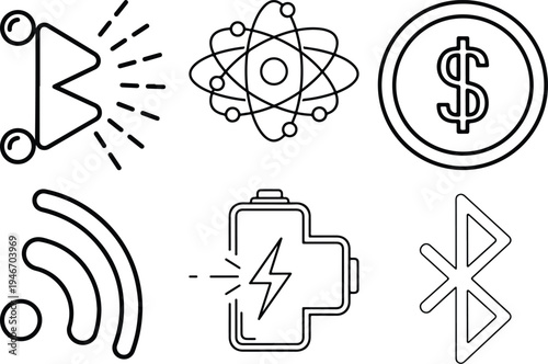 Six black and white technology and energy atom dollar sign