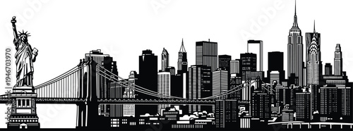New York City skyline silhouette with Statue of Liberty and Brooklyn Bridge, Manhattan skyscrapers panorama, black vector illustration urban landmark