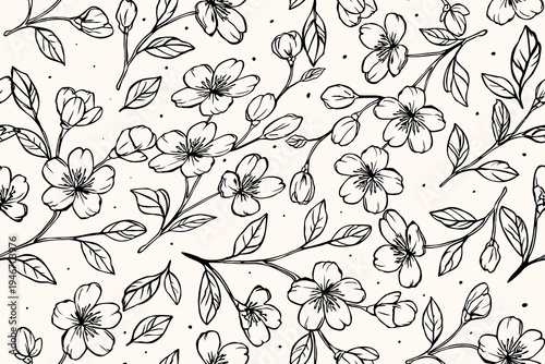 Seamless floral pattern with delicate hand-drawn blossoms, leaves, and buds in black line art on a light background. Elegant botanical design ideal for fabric, wallpaper, and prints.
